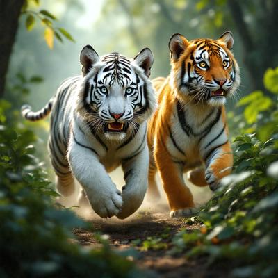 The primary subject of the image is two tigers running through a forest. They are the main focus of the scene, with their distinctive orange and white stripes visible. The setting is a lush green forest, with trees and plants surrounding the tigers. The visual style of the image is a photo, capturing the tigers in their natural habitat. The colors and mood of the image are vibrant and energetic, as the tigers run swiftly through the forest.
